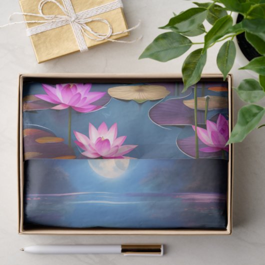 満月と美しいピンクの蓮の花 薄葉紙 (ギフト)