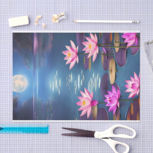 満月と美しいピンクの蓮の花 薄葉紙 (クラフト)