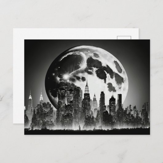 満月と都市の白と黒のはがき ポストカード (正面/裏面)