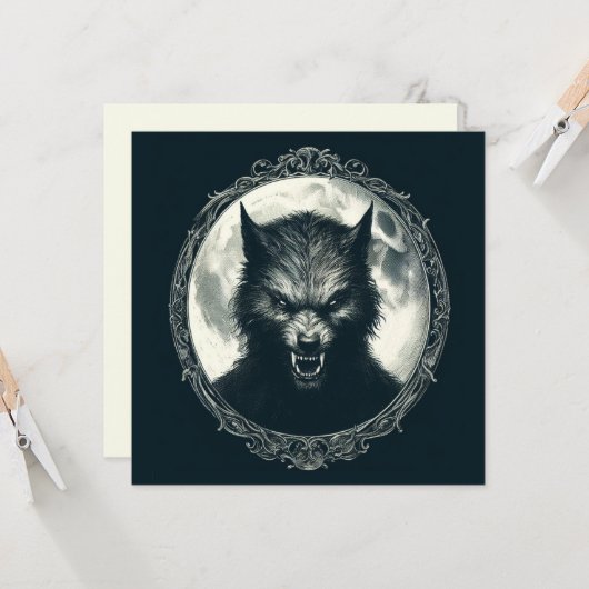 満月と額縁のヴィンテージホラーで狼男 カード (正面/裏面インサイチュ)