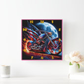 満月に対するアメリカ国旗を持つオートバイ スクエア壁時計 (ホーム)