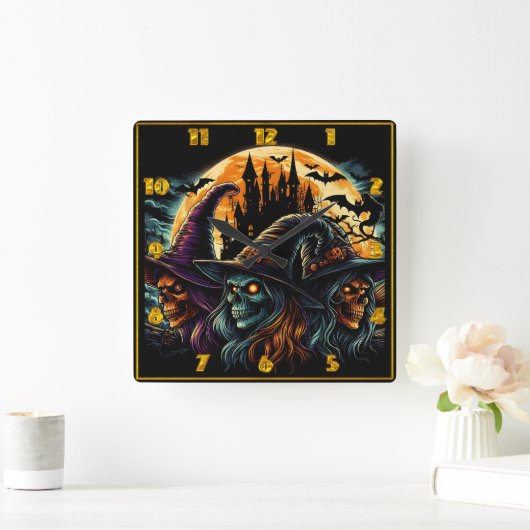 満月に魔女が三白熱［赤熱］光を放つ人いる スクエア壁時計 (ホーム)