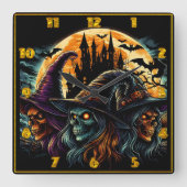 満月に魔女が三白熱［赤熱］光を放つ人いる スクエア壁時計 (正面)