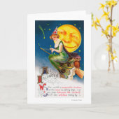 満月のほうきの上のすべてのハロウィーン魔女 カード (黄色い花)