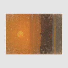 満月のオレンジ色の夕日ビーチスケッチアート 薄葉紙