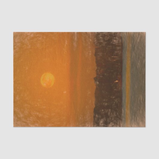 満月のオレンジ色の夕日ビーチスケッチアート 薄葉紙 (正面)