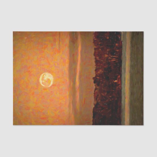 満月のオレンジ色の夕焼けのビーチの手描きアート 薄葉紙 (正面)