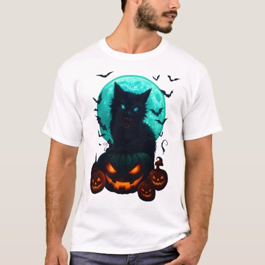 満月のカボチャの上の黒猫 – スリリングなハロウィン Tシャツ (正面)