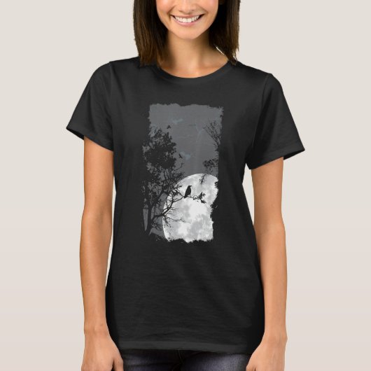 満月のカラス 不気味な森のコスチューム すごいハロウィン Tシャツ (正面)