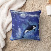 満月のキラークジラ – アートスケッチ – 青 クッション (ブランケット)