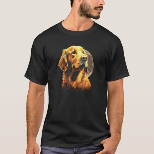 満月のゴールデンレトリバー - 愛犬家 Tシャツ (正面)
