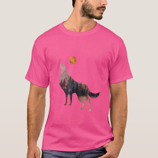 満月のシルエットの遠吠え狼の森と Tシャツ (正面)