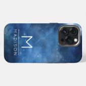 満月のネイビーブルーの銀河の空の天体モノグラム iPhoneケース (裏面横)