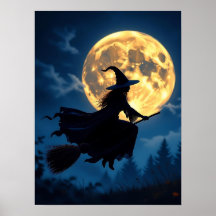満月のハロウィンに箒に乗った魔女