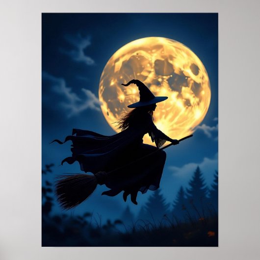 満月のハロウィンに箒に乗った魔女 ポスター (正面)