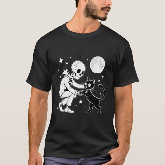 満月のハロウィンに黒猫を抱きしめるスケルトン Tシャツ (正面)