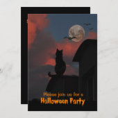 満月のハロウィーンの屋根の猫 招待状 (正面/裏面)