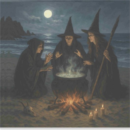 満月のビーチで三人の魔女が作るブリューの鍋  シール (正面)