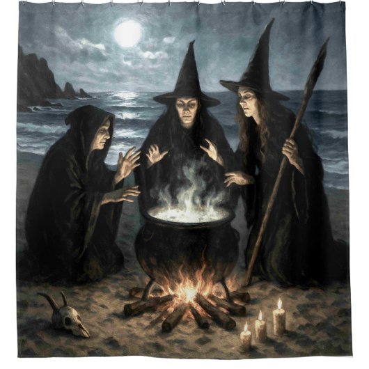満月のビーチで三人の魔女が作る魔薬の鍋 シャワーカーテン (正面)