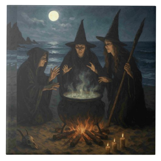 満月のビーチで三人の魔女が作る魔薬の鍋 タイル (正面)