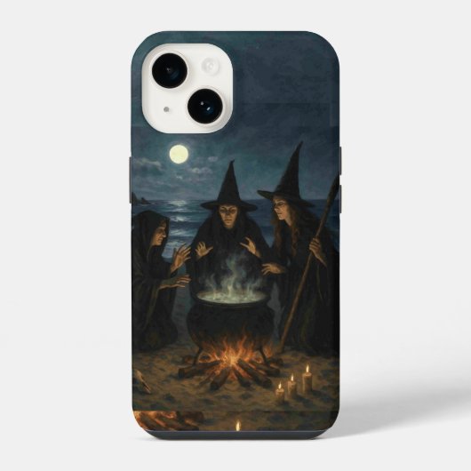 満月のビーチで三人の魔女が作る魔薬の鍋 iPhoneケース (裏面)