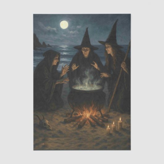 満月のビーチで三人の魔女が釜を囲む 薄葉紙 (正面)