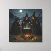 満月のビーチの三人組の魔法使いの魔法の鍋 キャンバスプリント (正面)