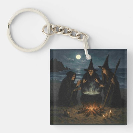 満月のビーチの三人組の魔法使いの魔法の鍋 キーホルダー (正面)