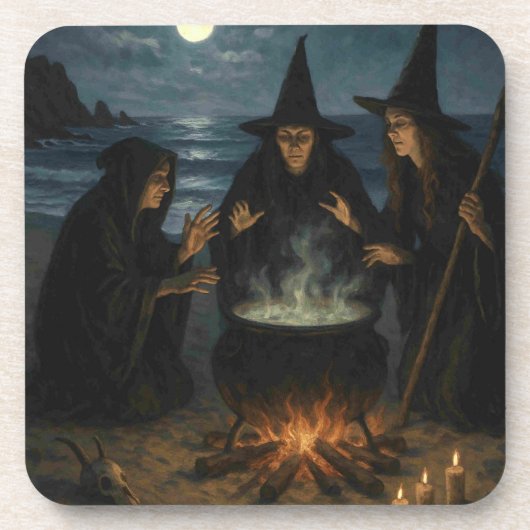 満月のビーチの三人組の魔法使いの魔法の鍋 コースター (正面)