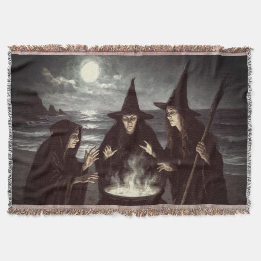 満月のビーチの三人組の魔法使いの魔法の鍋 スローブランケット (正面)