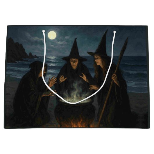 満月のビーチの三人組の魔法使いの魔法の鍋 ラージペーパーバッグ (正面)