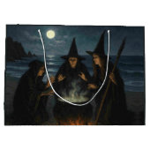 満月のビーチの三人組の魔法使いの魔法の鍋 ラージペーパーバッグ (裏面)