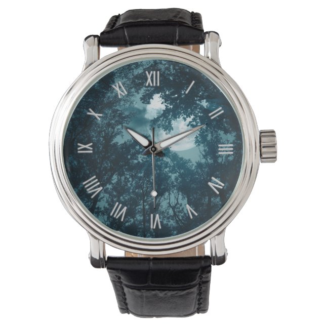 満月のローマ数字と魅惑の夜の森 腕時計 (正面)