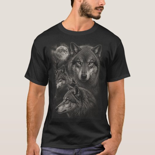 満月の三匹の狼 | 荒々しい自然の狼の遠吠え Tシャツ (正面)