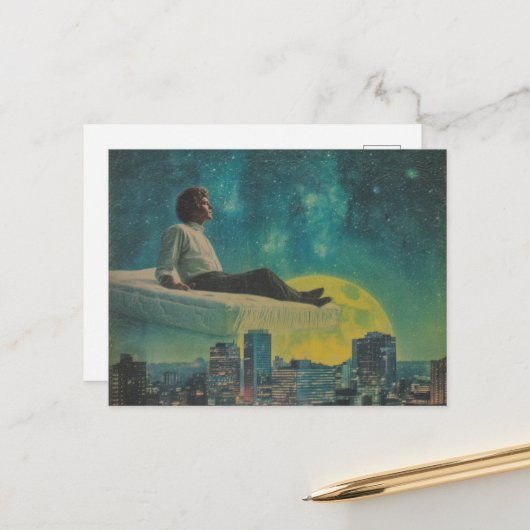 満月の上の魔法の浮き上がったマットレス ポストカード (正面/裏面インサイチュ)