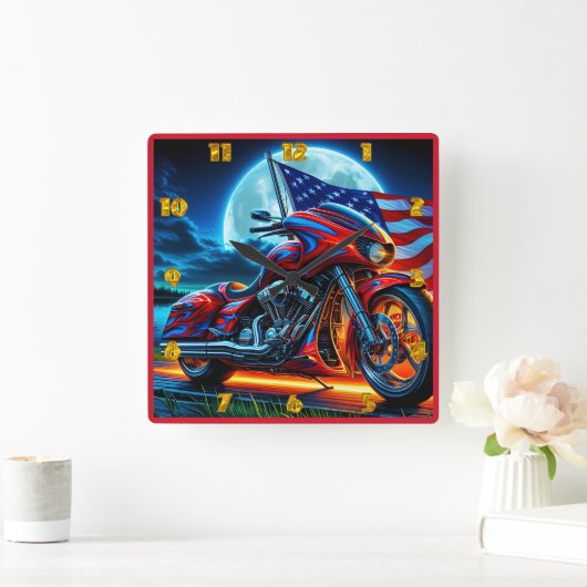 満月の下でアメリカ国旗を持つオートバイ スクエア壁時計 (ホーム)