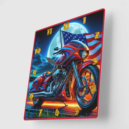 満月の下でアメリカ国旗を持つオートバイ スクエア壁時計 (傾斜)