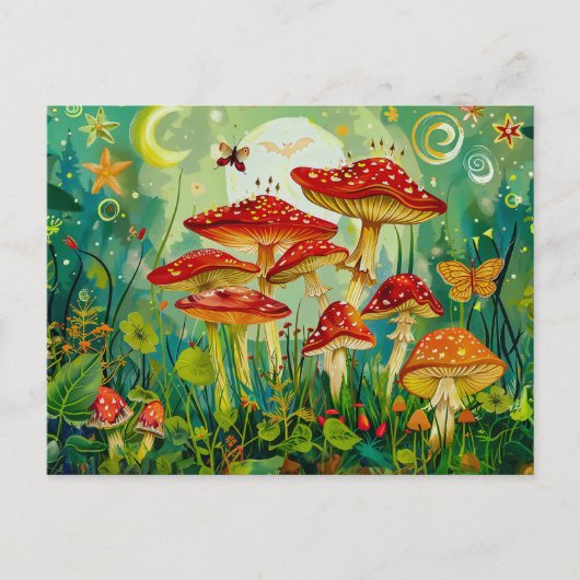 満月の下でハラタケ科のキノコを飛ばす ポストカード (正面)