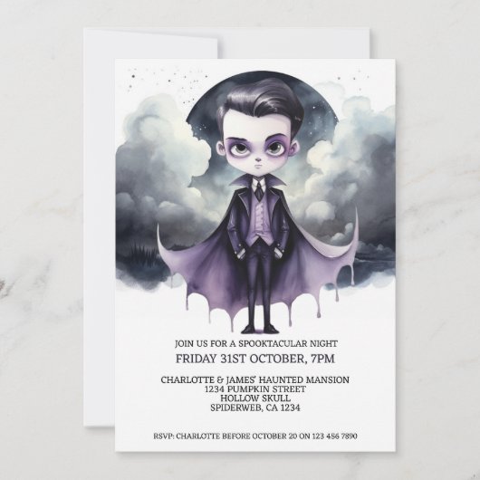 満月の下でハロウィンのかわいい吸血鬼 招待状 (正面)