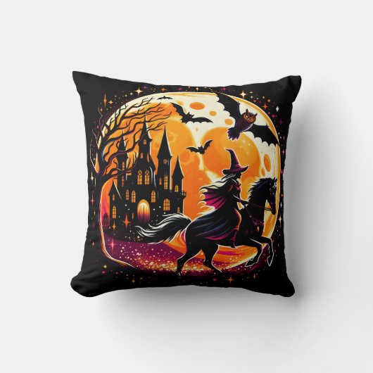 満月の下で劇的なハロウィーンの馬に乗ること クッション (正面)