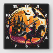 満月の下で劇的なハロウィーンの馬に乗ること スクエア壁時計 (正面)