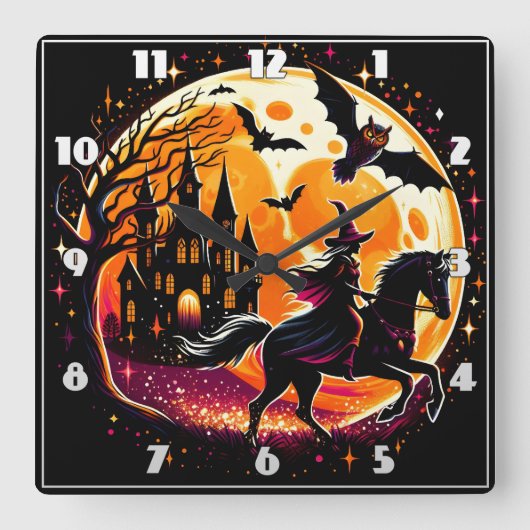 満月の下で劇的なハロウィーンの馬に乗ること スクエア壁時計 (正面)