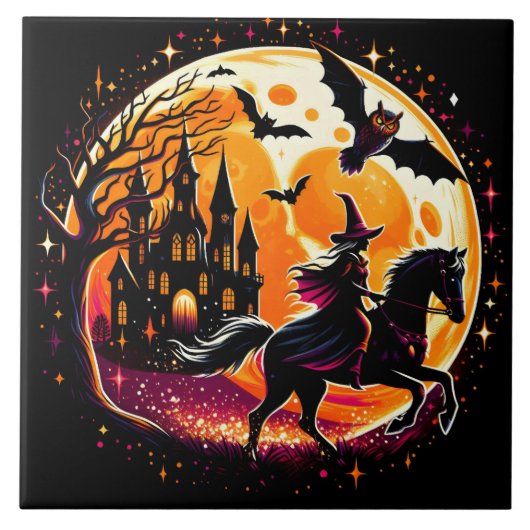 満月の下で劇的なハロウィーンの馬に乗ること タイル (正面)