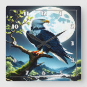 満月の下で枝に止まったワシ スクエア壁時計 (正面)