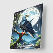 満月の下で枝に止まったワシ スクエア壁時計 (傾斜)