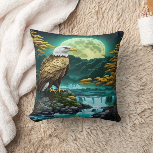 満月の下で滝の近くに止まったワシ クッション (ブランケット)