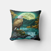 満月の下で滝の近くに止まったワシ クッション (正面)