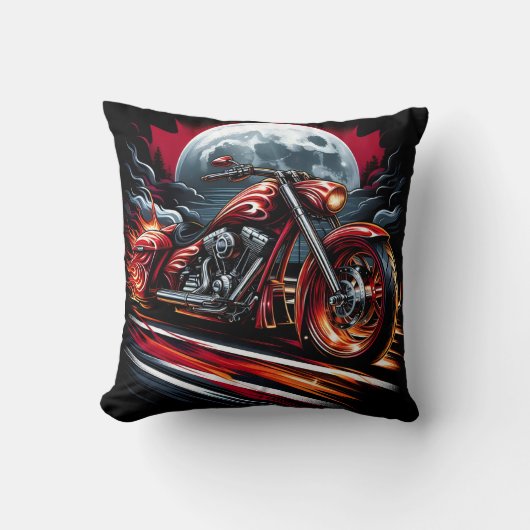 満月の下で燃えるようなバイクが走る クッション (正面)
