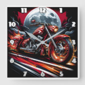 満月の下で燃えるようなバイクが走る スクエア壁時計 (正面)