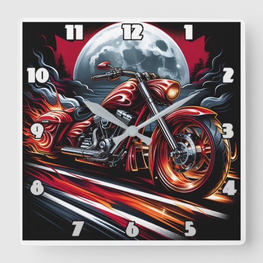満月の下で燃えるようなバイクが走る スクエア壁時計 (正面)